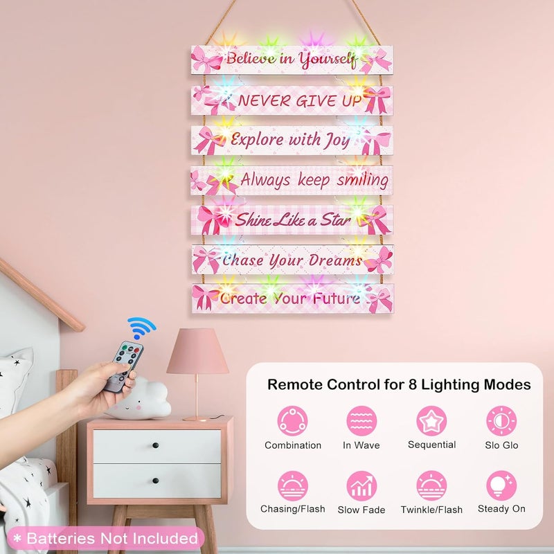 FIOBEE Girls Room Décor for Teen Girls Boys with LED Light Wall Decor for Bedroom Motivational Inspirational Wall Art Room Decoration for Kids Studyroom, 8 Kinds of Lights, Pink Bow - Image 4